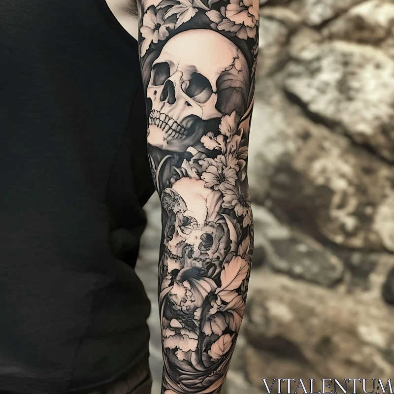 Black and Gray Skull and Floral Tattoo on Forearm AI Image