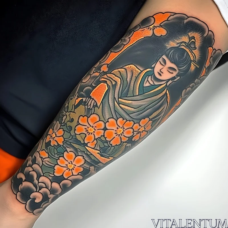 Buddhist Figure with Floral Tattoo AI Image