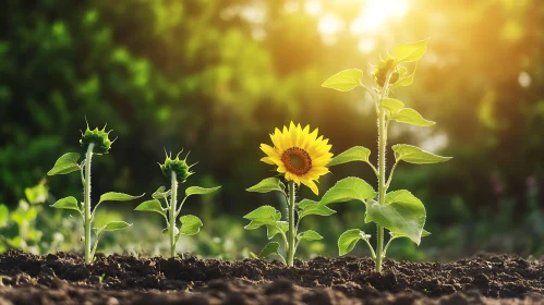 Line of Sunflowers in a Field