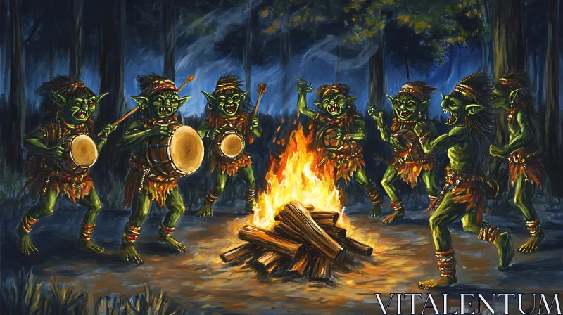 AI ART Forest Goblins Dancing Around Fire