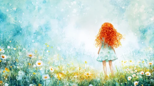 Redhead Girl in Flower Meadow Artwork