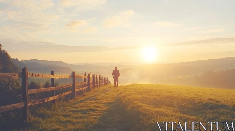 Man Walking Toward Sunrise on Grassy Path AI Image