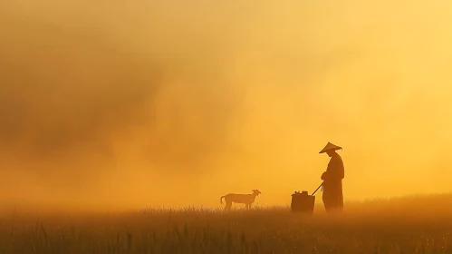 Peaceful Morning with Farmer and Goat