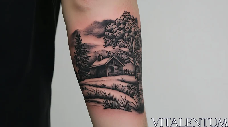 Serene Cabin Tattoo in Monochrome AI Image