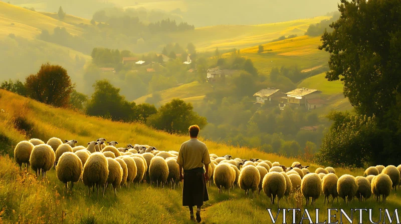 AI ART Golden Field with Shepherd and Flock