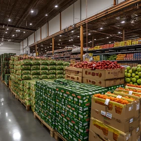 Grocery Store Warehouse Stacked with Fruits and Vegetables