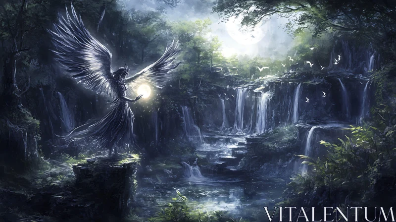 Mystical Angel by the Waterfall AI Image