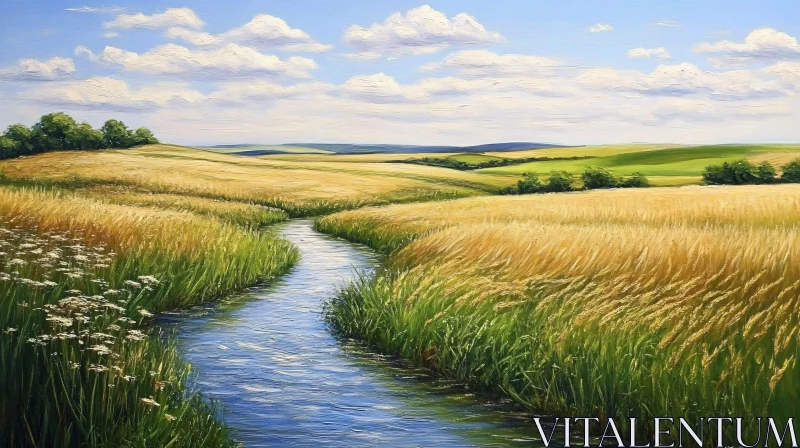 AI ART Peaceful River Through Golden Field Art