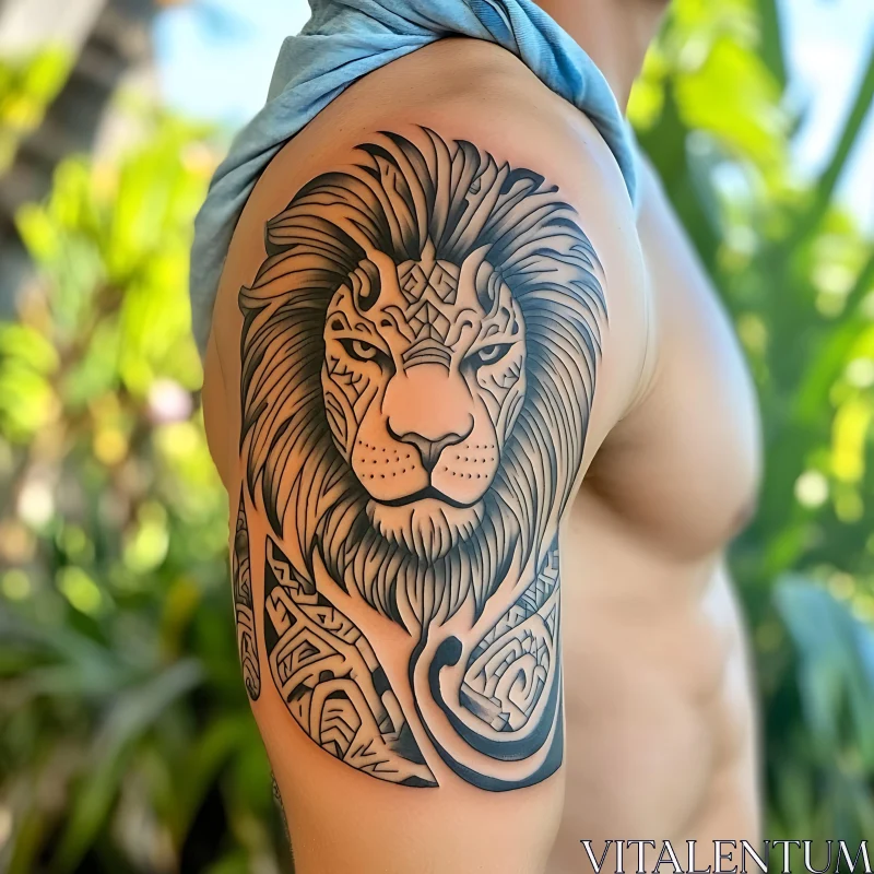 Majestic Lion Arm Tattoo with Tribal Elements AI Image