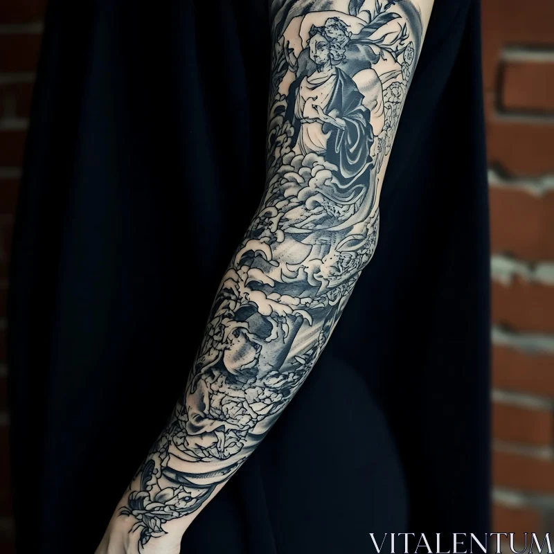 Artistic Monochrome Arm Sleeve Tattoo Design AI Image