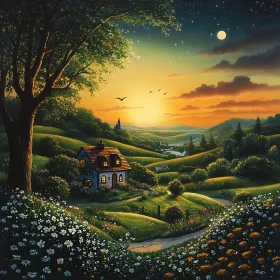 Idyllic Cottage Scene with Sunset Glow