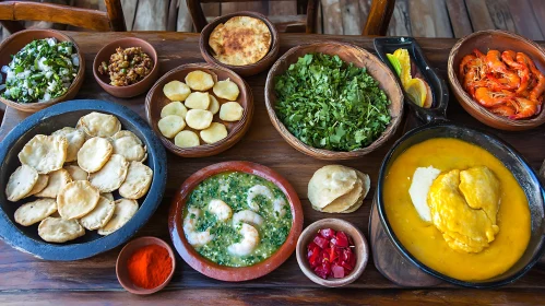 Artistic Arrangement of Various Dishes on a Wooden Table