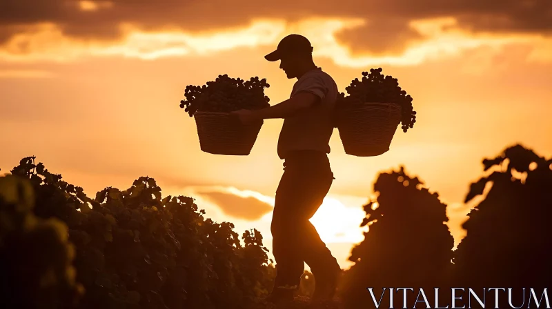 Silhouette of Grape Harvester at Dusk AI Image