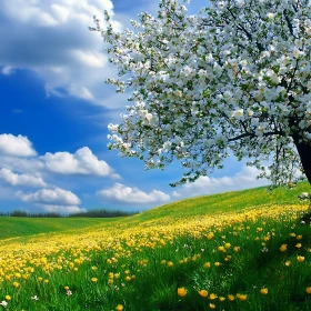 Idyllic Meadow with Blossoming Tree