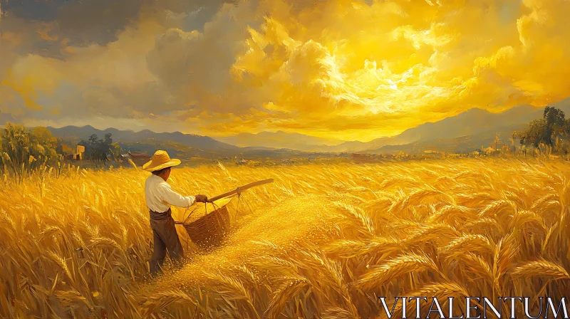 AI ART Farmer Harvesting Wheat at Sunset