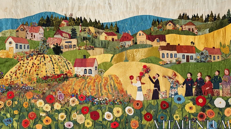 AI ART Quilted Village with Flower Field