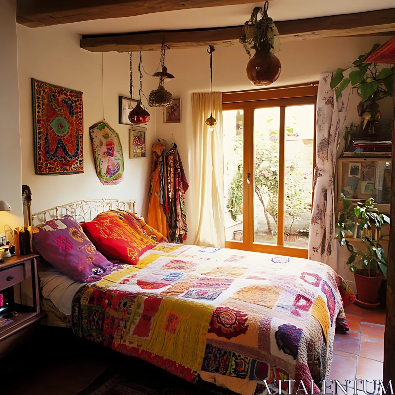 AI ART Eclectic Bedroom with Patchwork Quilt