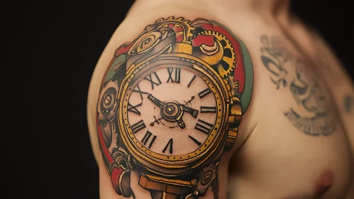 Intricate Steampunk Shoulder Clock Tattoo