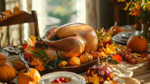 Festive Thanksgiving Table with Roasted Turkey