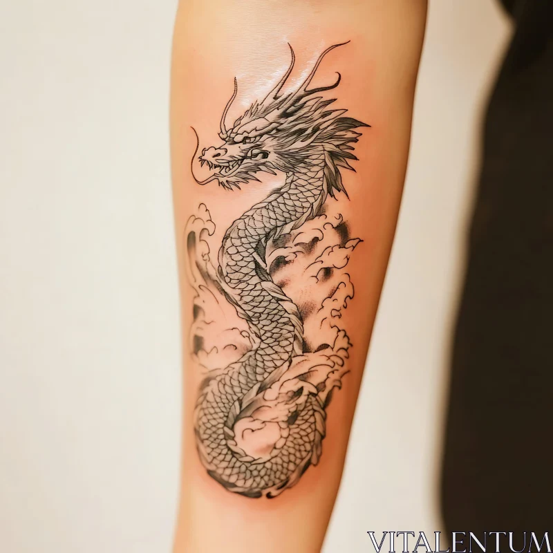 Black Ink Dragon Arm Tattoo AI Image