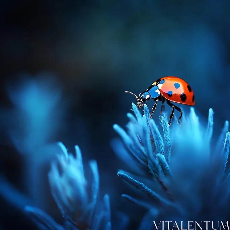 AI ART Close-Up of Ladybug on Blue-Tinted Plants