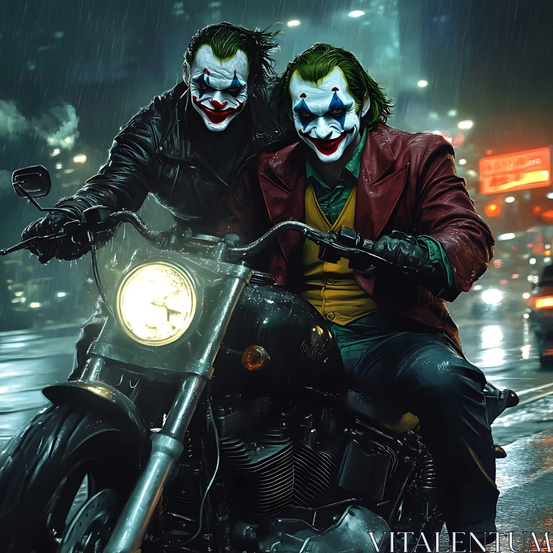 Gotham Night Ride: Jokers on a Motorcycle AI Image