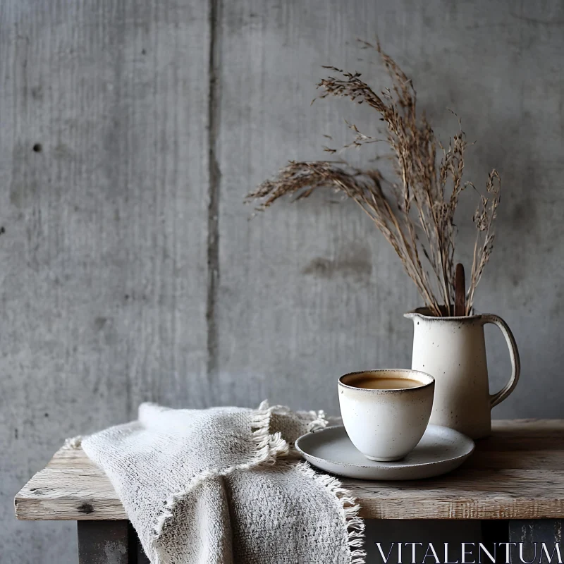 Rustic Coffee Cup and Dried Plants Arrangement AI Image