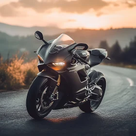 Sportbike on Asphalt, Sunset Backdrop