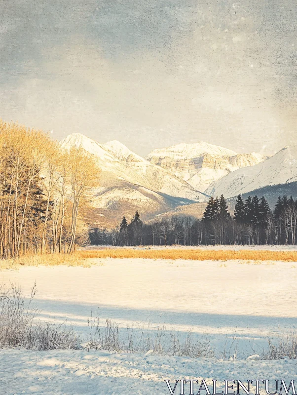 AI ART Winter Mountain Scenery with Snow Covered Field