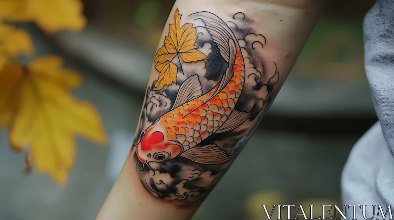 Intricate Koi Fish and Autumn Leaf Forearm Tattoo AI Image