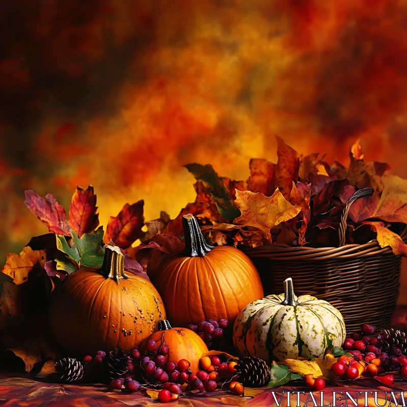 Still Life with Pumpkins and Autumn Leaves AI Image