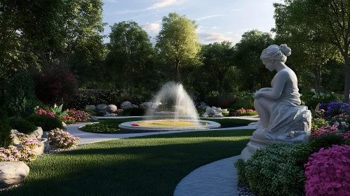 Tranquil Garden Scene With Classical Sculpture