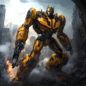 Yellow Robot in Post-Apocalyptic Cityscape