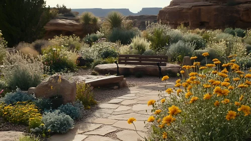 Stone Path and Bench in Desert Garden