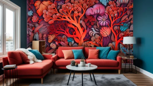 Bright Living Room with Vibrant Mural