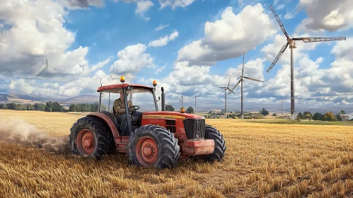 Agricultural Landscape with Tractor and Windmills