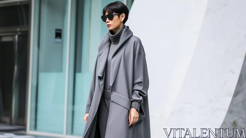 Confident Woman in Stylish Gray Coat - Fashion Photography AI Image