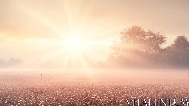 Misty Meadow with Morning Sun Rays AI Image