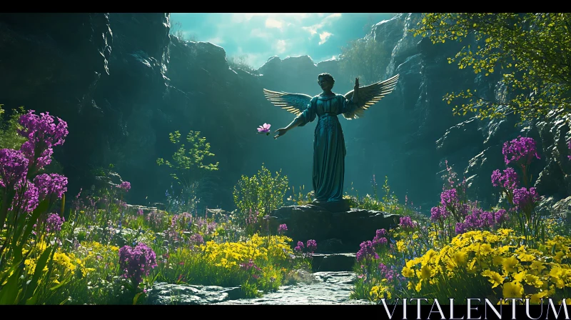 Serene Angel in a Floral Mountain Valley AI Image