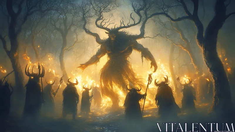 Mystical Forest Ritual with Towering Monster AI Image