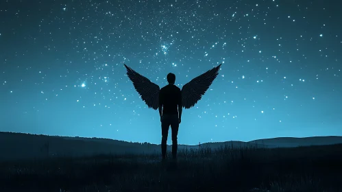 Silhouette with Wings Gazing at Stars