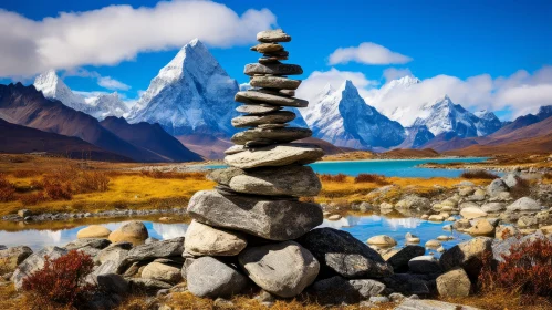 Stack of Rocks Against a Majestic Mountain - Himalayan Art Inspired