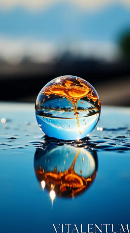 Water Droplet on Shiny Surface: Amber and Sky-Blue Hues AI Image