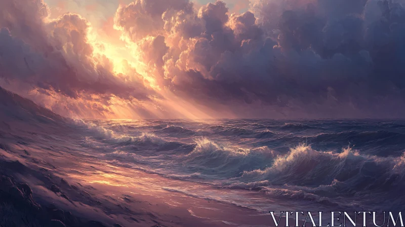 AI ART Golden Sunset with Ocean Waves and Clouds