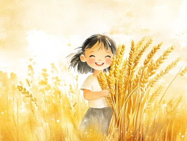 Watercolor Painting of Girl with Wheat