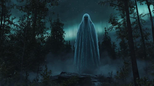 Ghostly Figure in Forest at Night