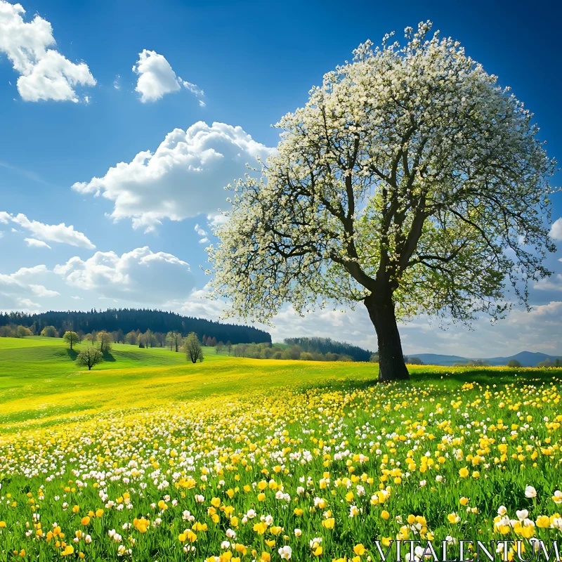 AI ART Spring Meadow with Flowering Tree