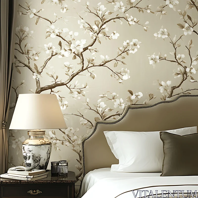 AI ART Neutral Bedroom Interior with Floral Accents