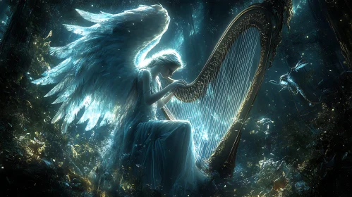 Celestial Angel Playing Harp in Dreamy Light