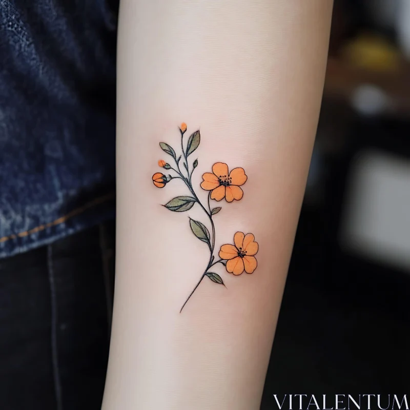 Elegant Botanical Tattoo with Orange Flowers and Green Leaves AI Image